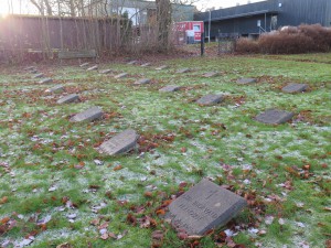 235 gravsten i cement er placeret i lige rækker på kirkegården ved Psykiatrisk Hospital i Risskov.