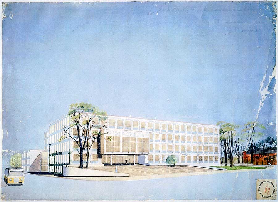Arkitekterne Arne Jacobsen og Erik Møllers forslag, som vandt konkurrencen om et nyt rådhus i Aarhus i 1937. I det oprindelige forslag havde rådhuset ikke tårn. Arkitekternes akvarel.